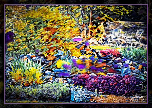 BLUE HERON IN A FANCIFUL GARDEN by Jerre Paquette