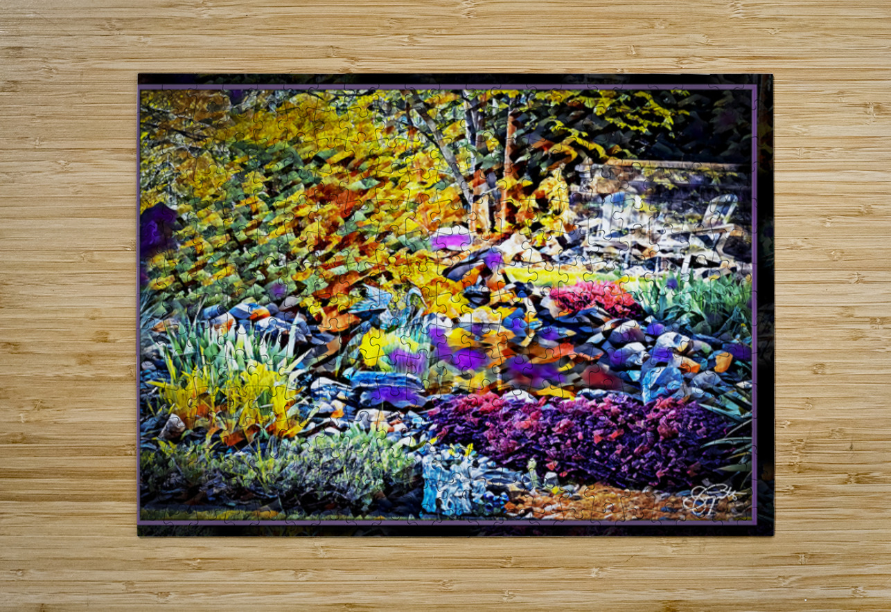 BLUE HERON IN A FANCIFUL GARDEN Jerre Paquette Puzzle printing